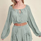 MABLE Gauze Long Sleeve Button Crop Top and Short Set