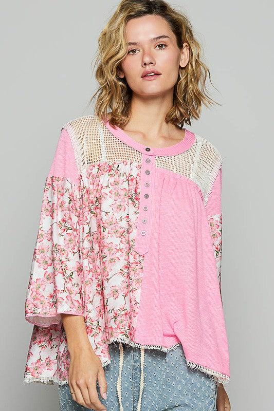 POL Washed Floral Print Crochet Detail Top Tops