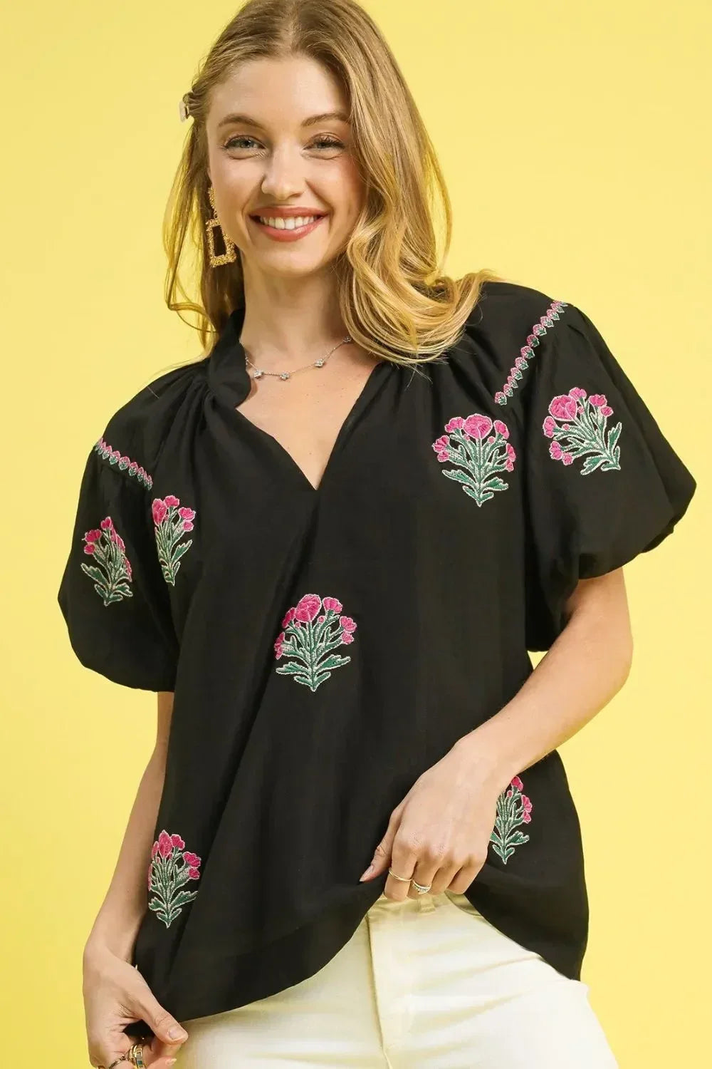 Umgee Floral Embroidered Puff Sleeve Blouse - DAVERRI FASHIONS