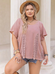 Dusty Pink Plus Size Lace Detail Round Neck Short Sleeve T-Shirt | T-Shirts Daverri Fashions