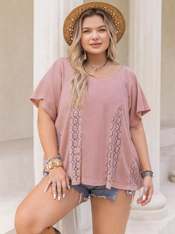 Plus Size Lace Detail Round Neck Short Sleeve T-Shirt - DAVERRI FASHIONS