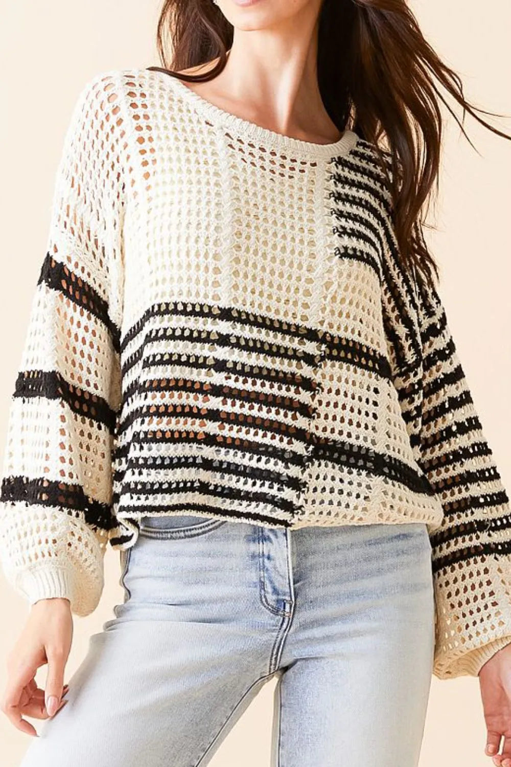 White Contrast Striped Crochet Long Sleeve Knit Cover Up | Cover-Ups Daverri Fashions