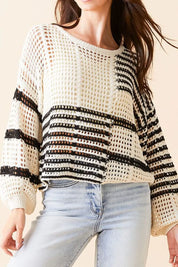 White Contrast Striped Crochet Long Sleeve Knit Cover Up | Cover-Ups Daverri Fashions