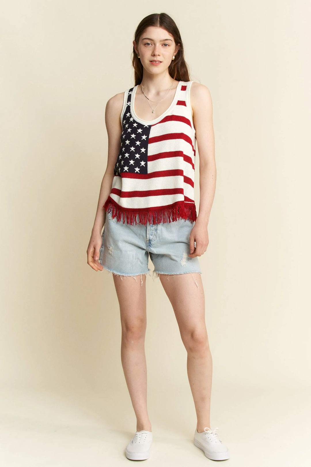 Jade By Jane Full Size American Flag Fringe Tank Top Tank Tops