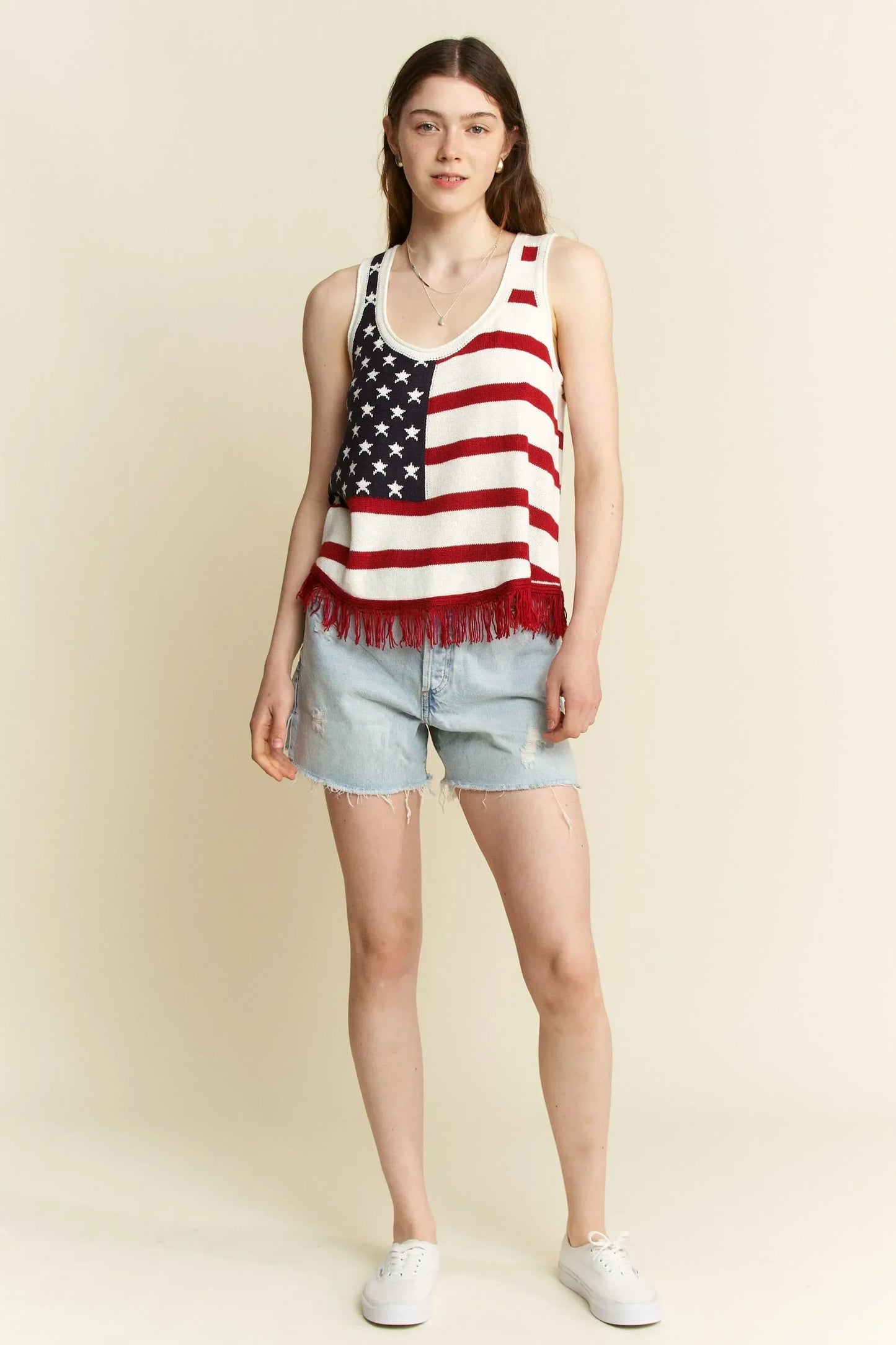 Jade By Jane Full Size American Flag Fringe Tank Top - DAVERRI FASHIONS