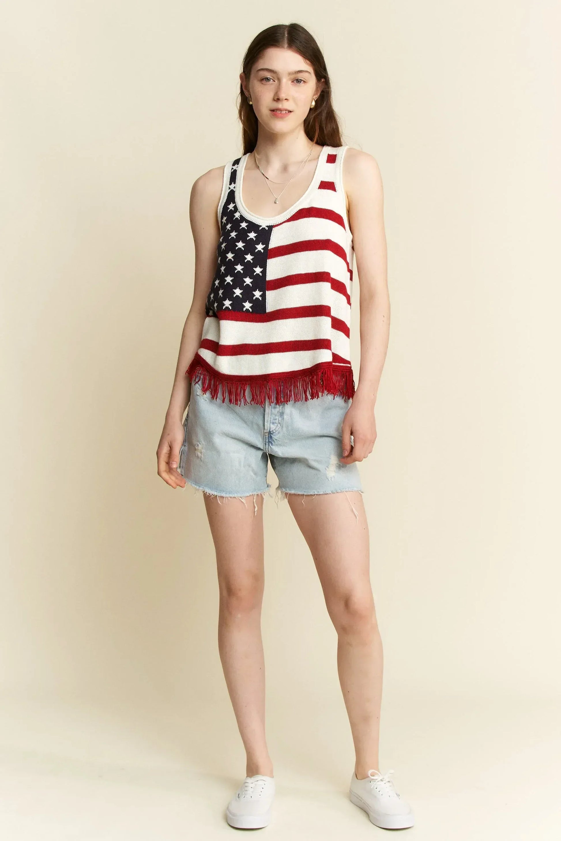 Jade By Jane Full Size American Flag Fringe Tank Top - DAVERRI FASHIONS
