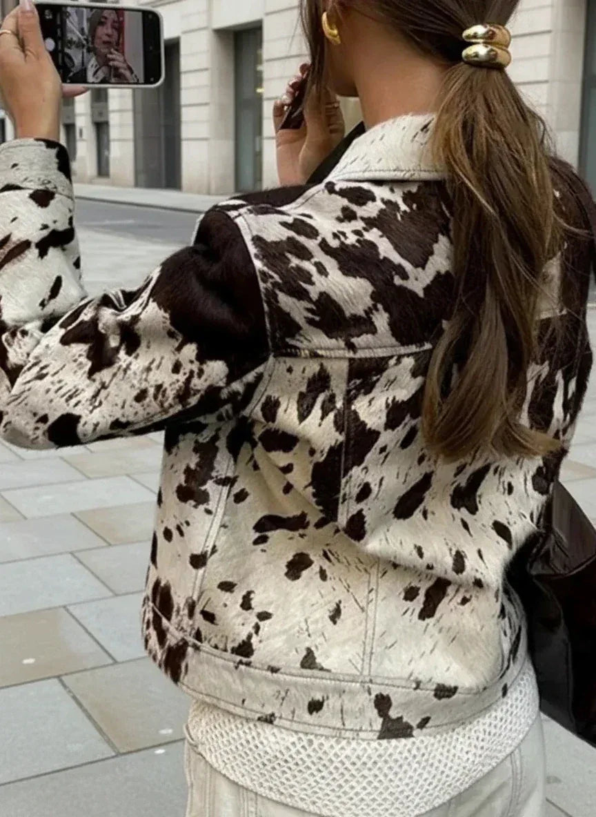 Cow Print Collared Neck Jacket - DAVERRI FASHIONS