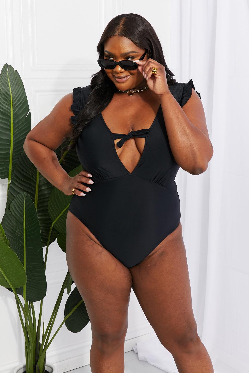 Marina West Swim Seashell Ruffle Sleeve One-Piece in Black Swimwear