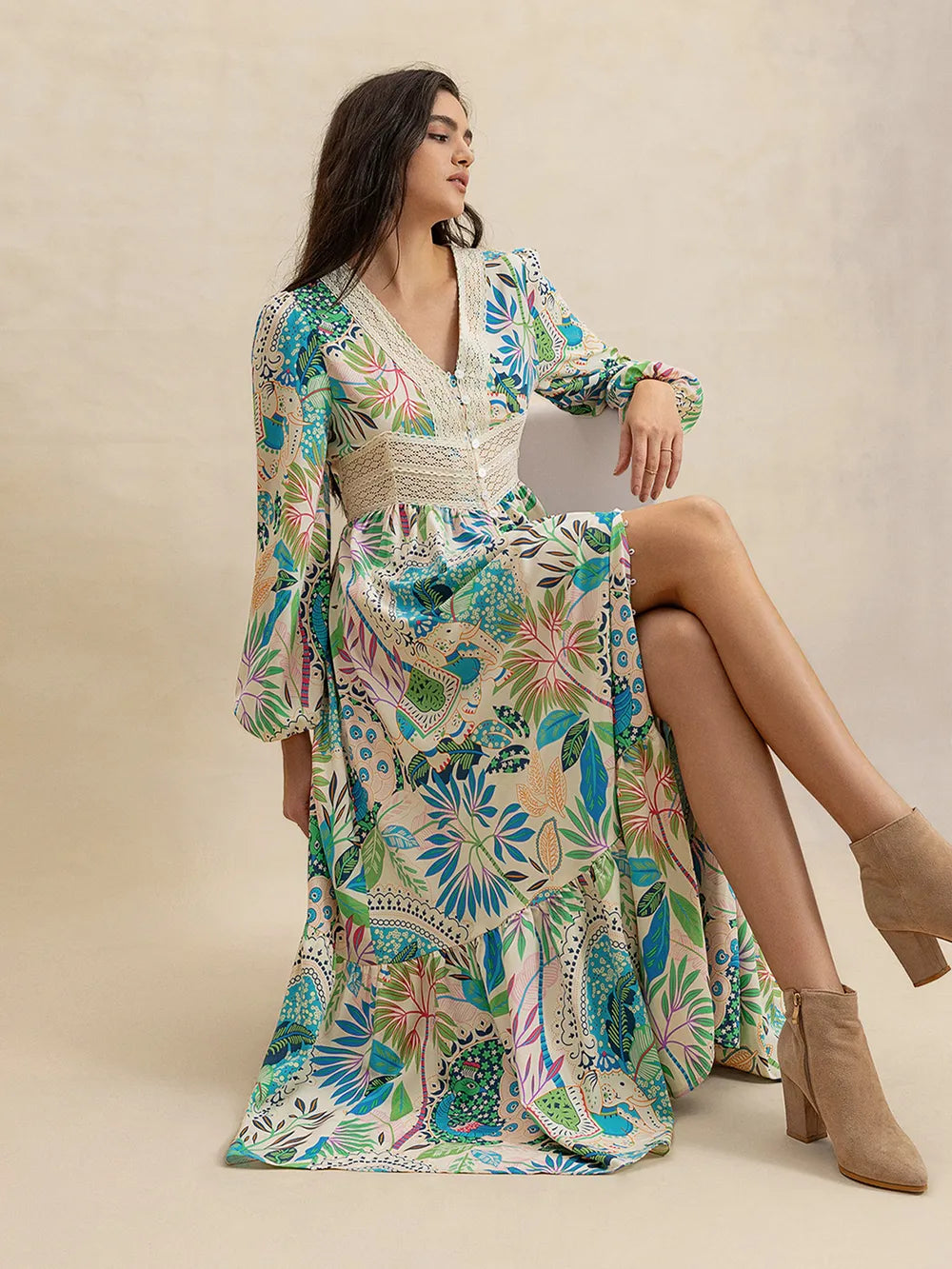 Slit printed V-neck long sleeve midi dress in vibrant botanical floral print
