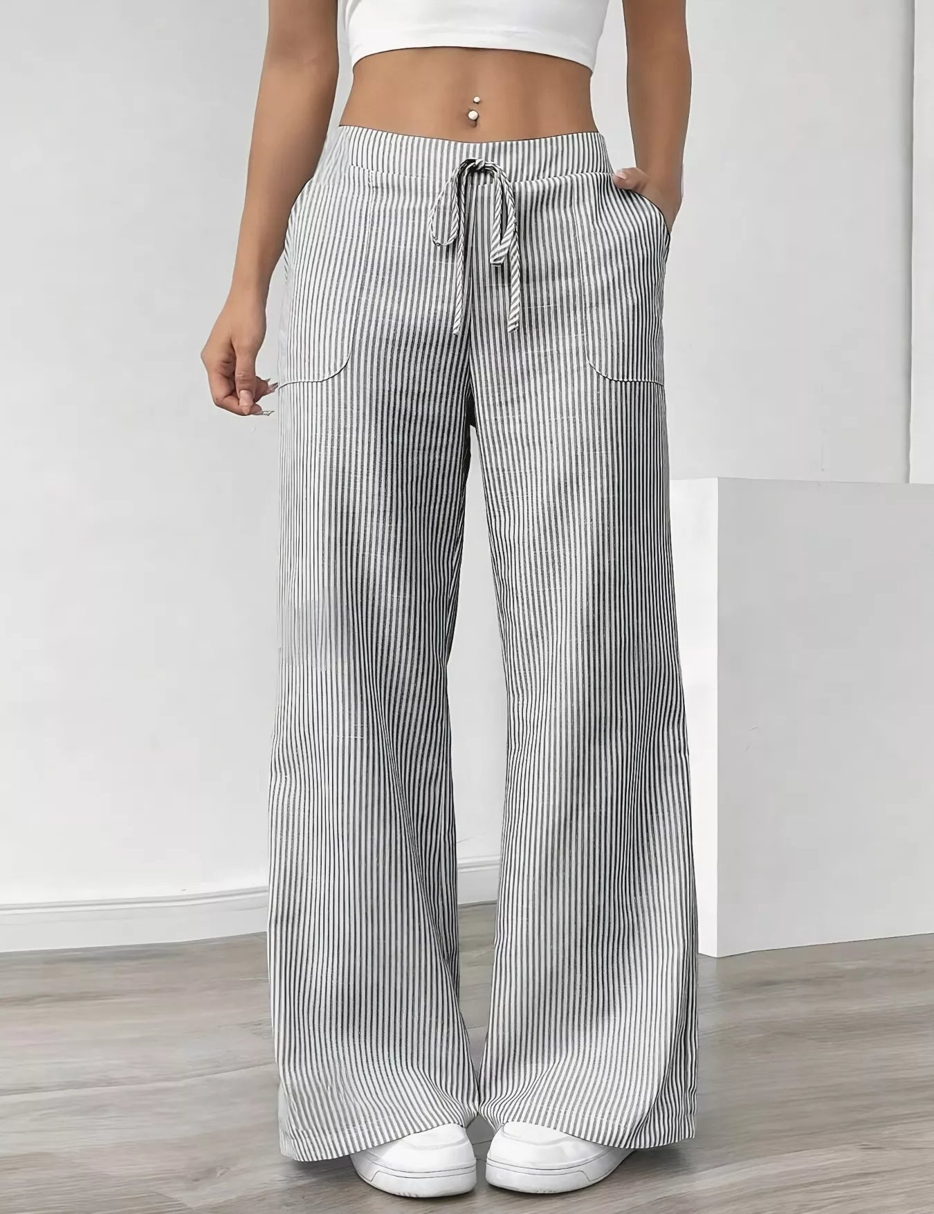 Gray Striped Wide Leg Pants | Pants Daverri Fashions