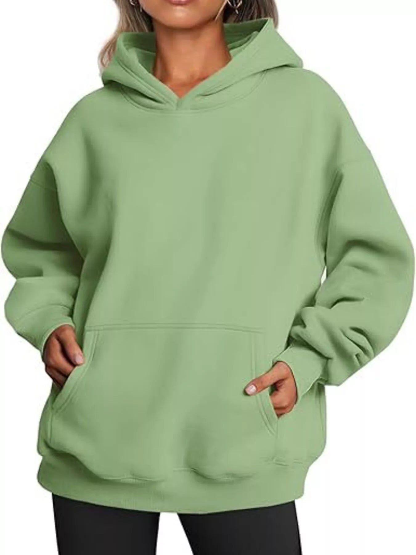 Sage green kangaroo pocket long sleeve hoodie with relaxed fit
