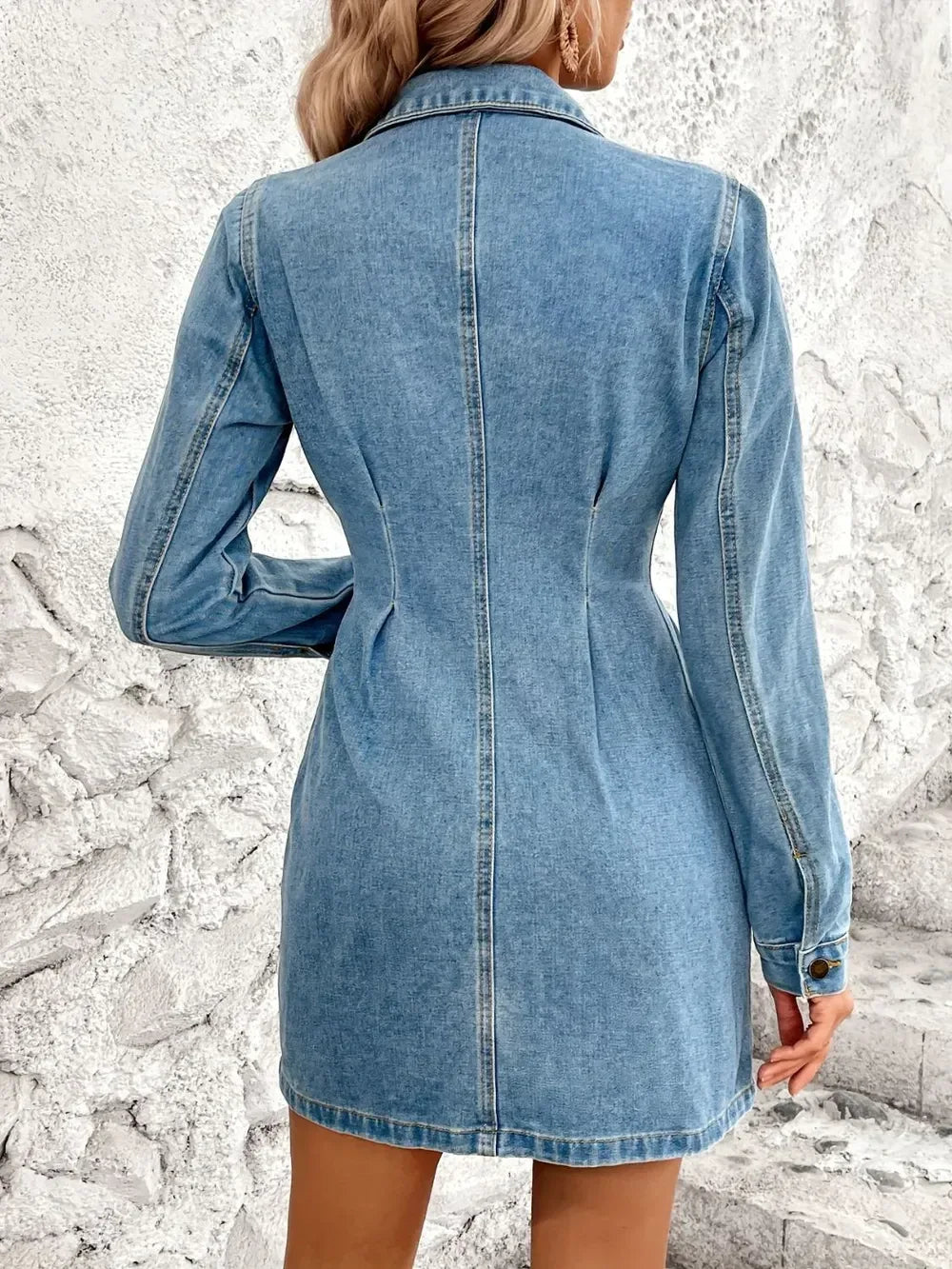 Pocketed Button Up Long Sleeve Denim Dress - DAVERRI FASHIONS