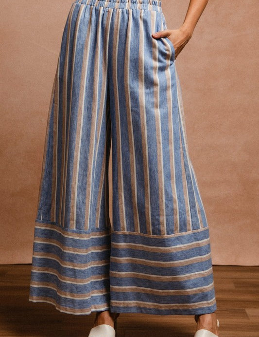 BiBi Striped Wide Leg Pants with Pockets DENIM COMBO