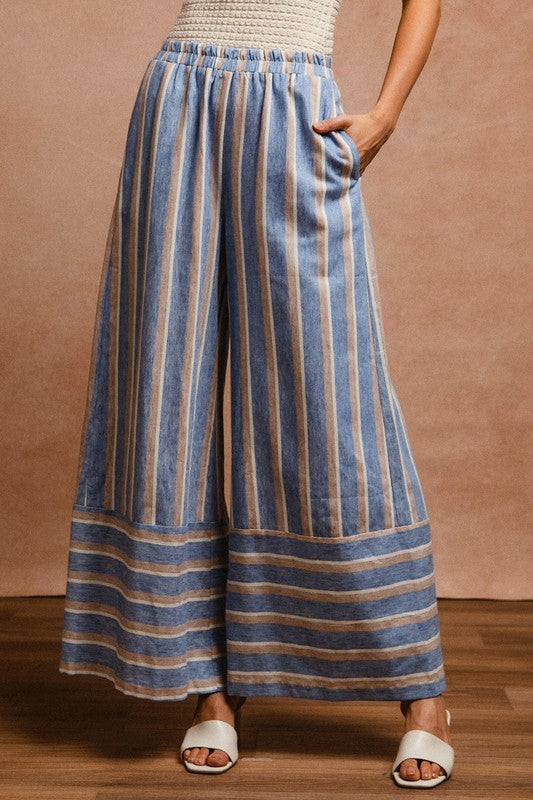 BiBi Striped Wide Leg Pants with Pockets DENIM COMBO