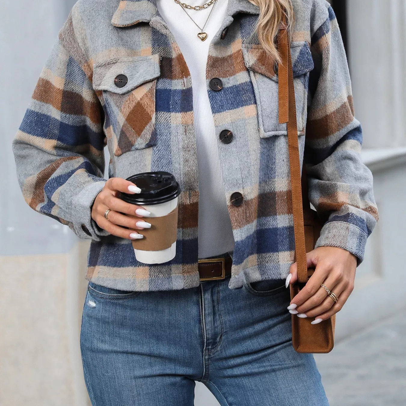 Taupe Plaid Oversized Button-Up Cropped Jacket | Jackets Daverri Fashions