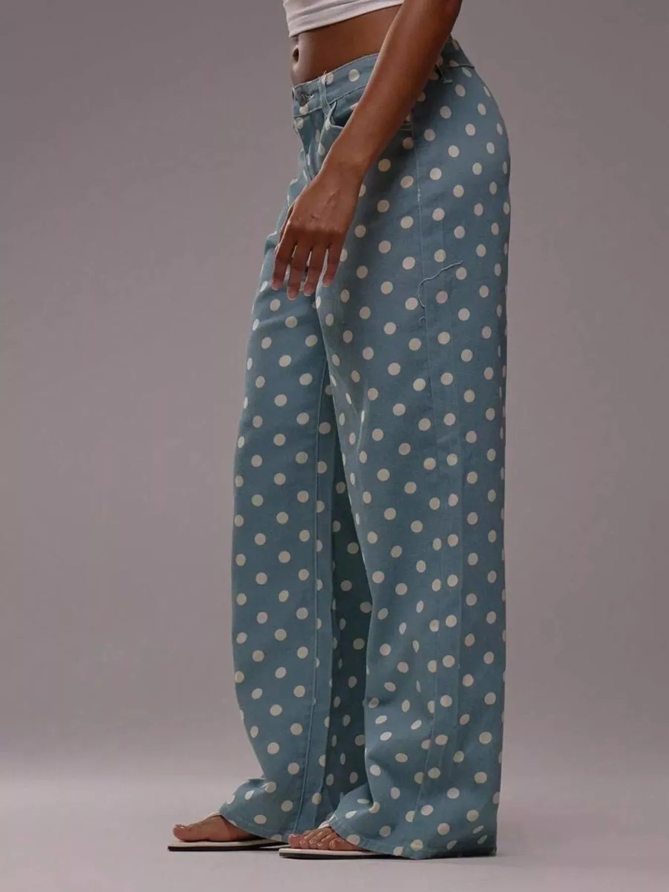 Daverri Polka Dot Wide Leg Jeans in light blue with white dots