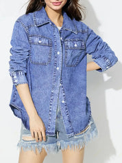 Curved Hem Collared Neck Denim Shirt | Shirts Daverri Fashions