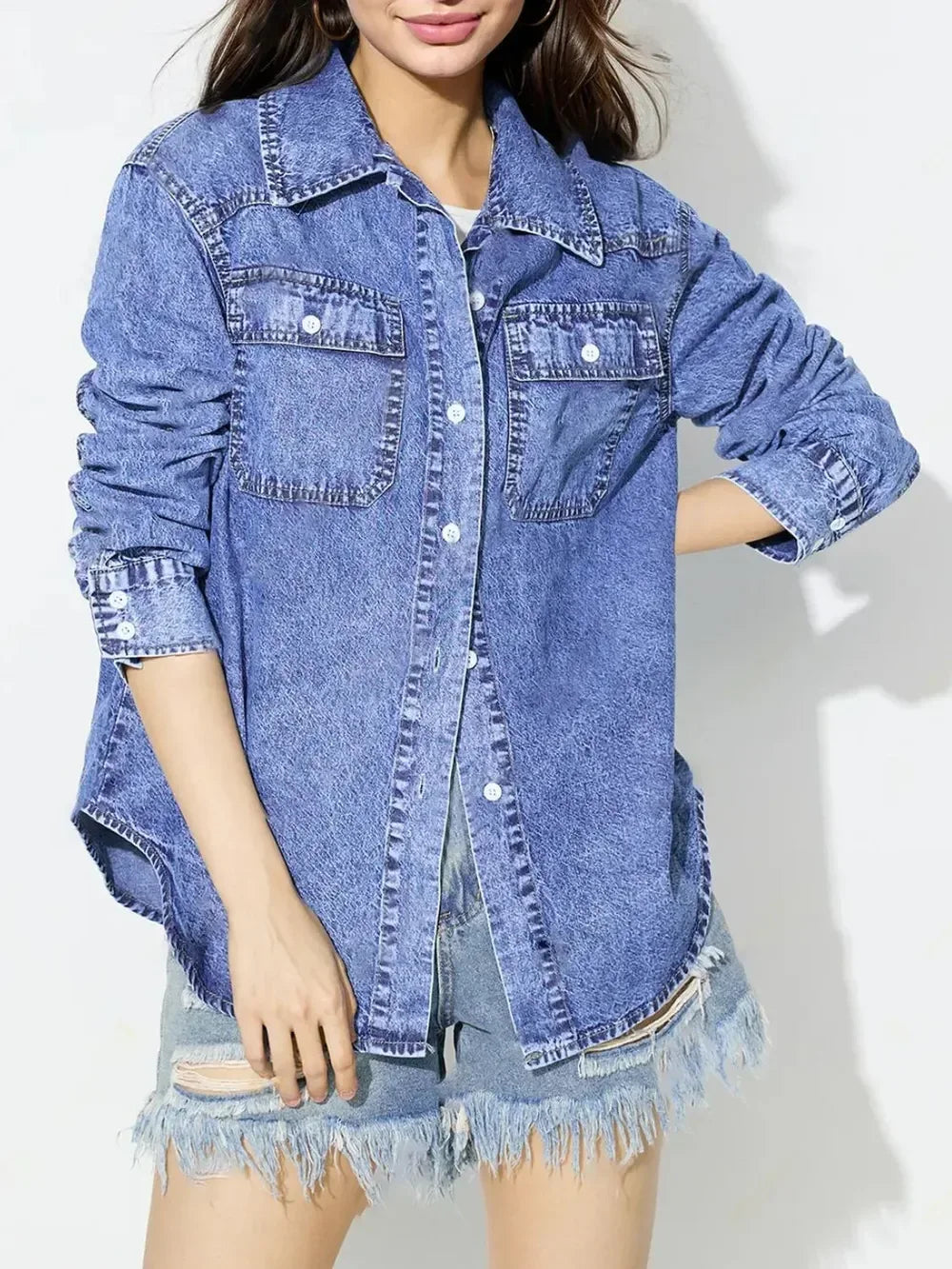 Curved Hem Collared Neck Denim Shirt - DAVERRI FASHIONS
