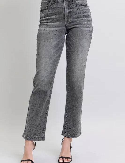 Judy Blue Full Size High Waist Rhinestone Straight Jeans Plus Size | Daverri Fashions