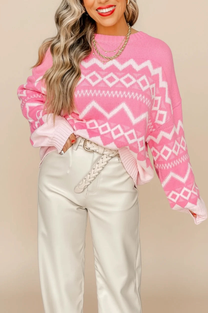 Women’s pink geometric drop shoulder long sleeve sweater