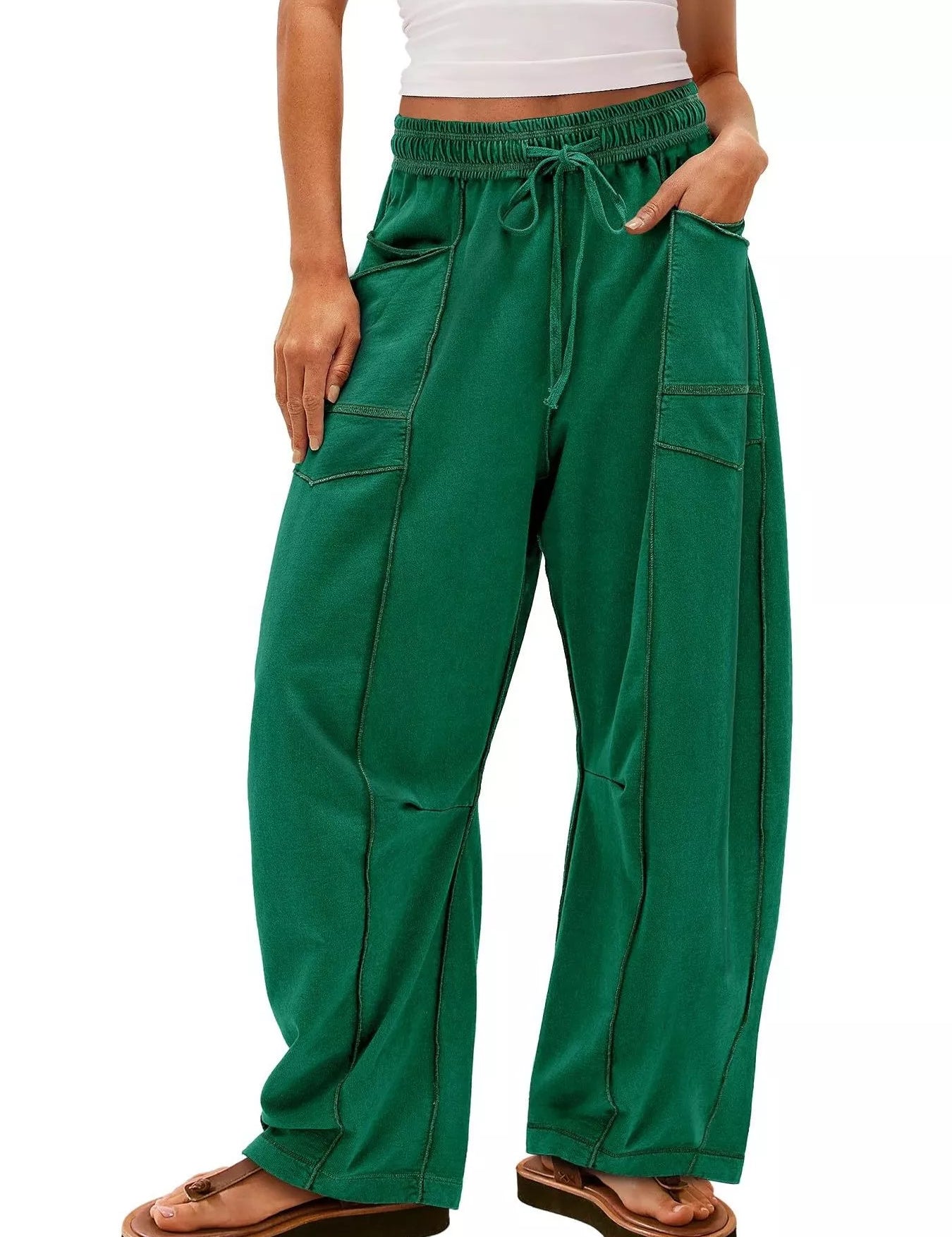 Green Drawstring Wide Leg Elastic Waist Pants | Pants Daverri Fashions