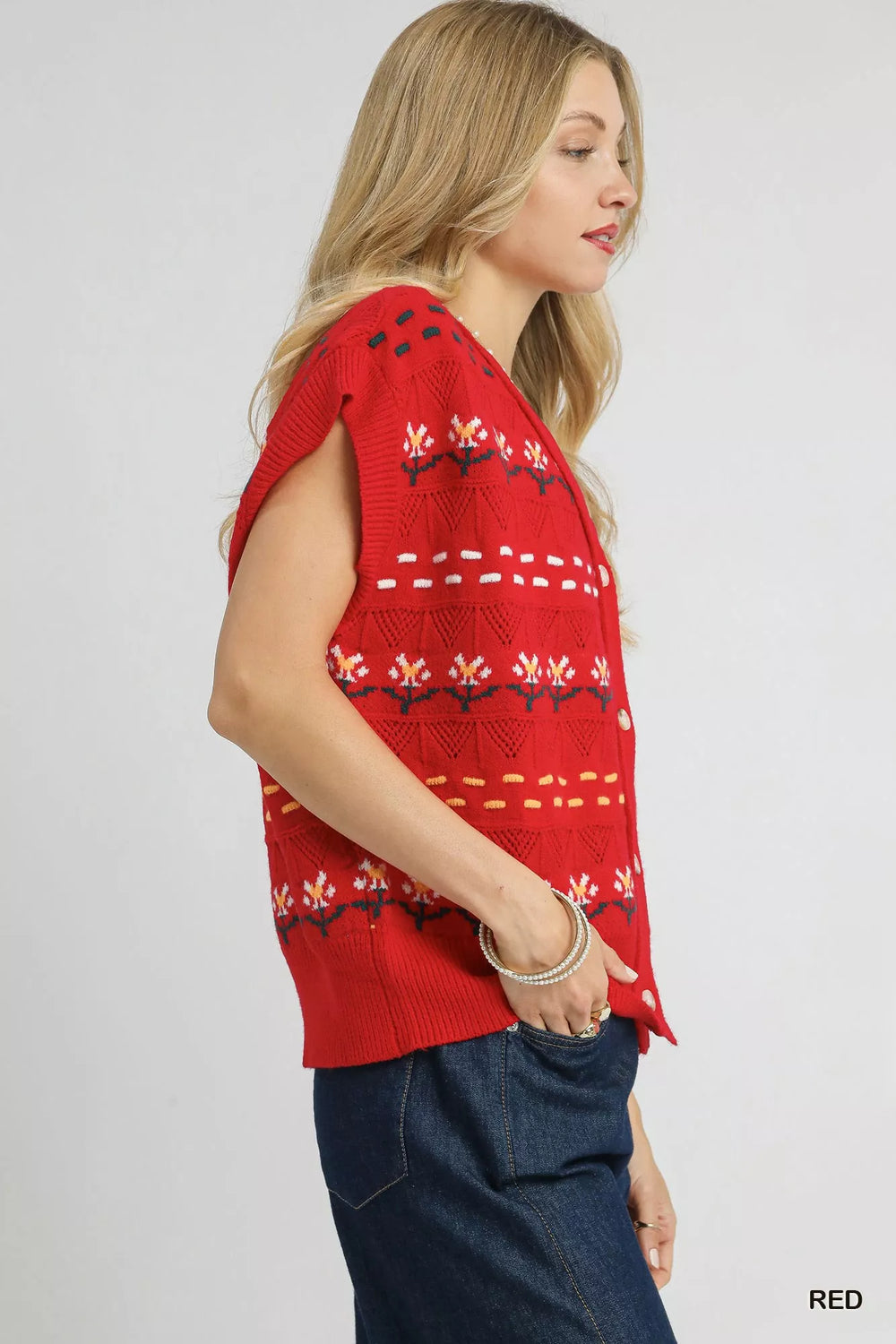 Umgee Button-Down Knit Vest with Floral Pattern | Daverri Fashions