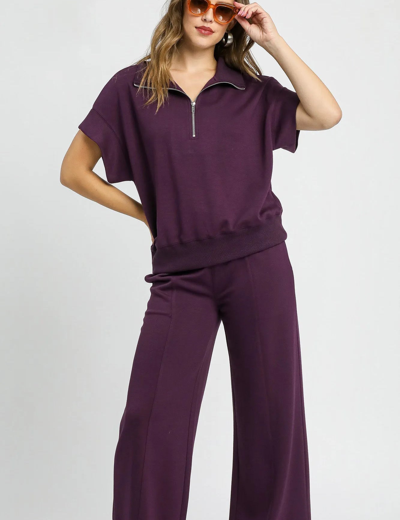 Umgee Full Size Half-Zip Short Sleeve Top Plus Size | Tops Daverri Fashions