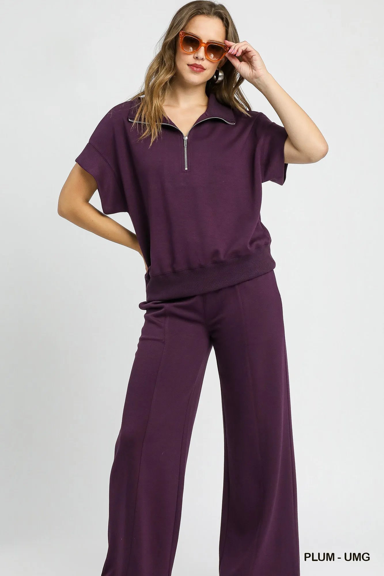 Umgee Full Size Half-Zip Short Sleeve Top Plus Size Tops