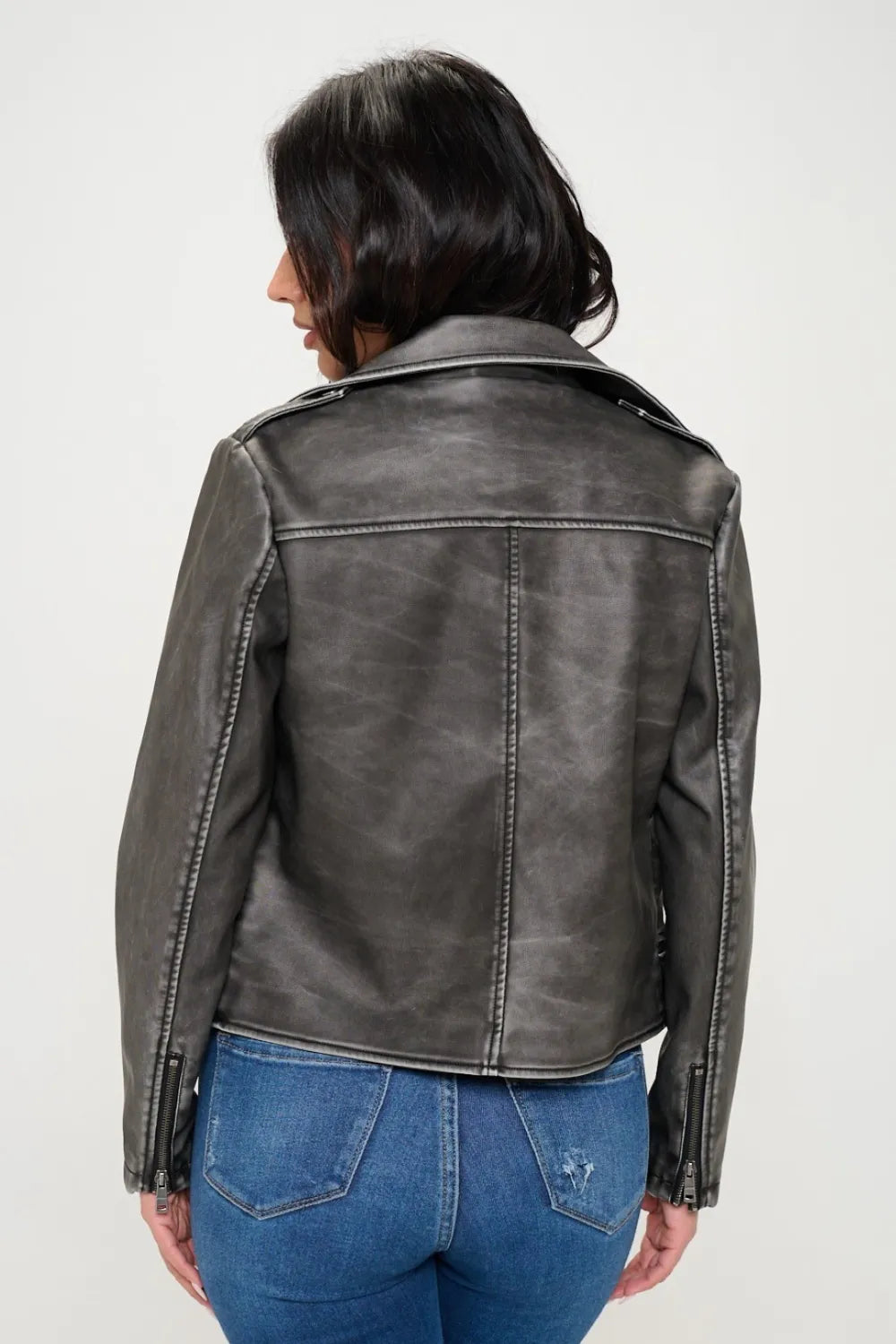 Coalition LA Zip Up Vegan Leather Biker Jacket with Belt | Jackets Daverri Fashions