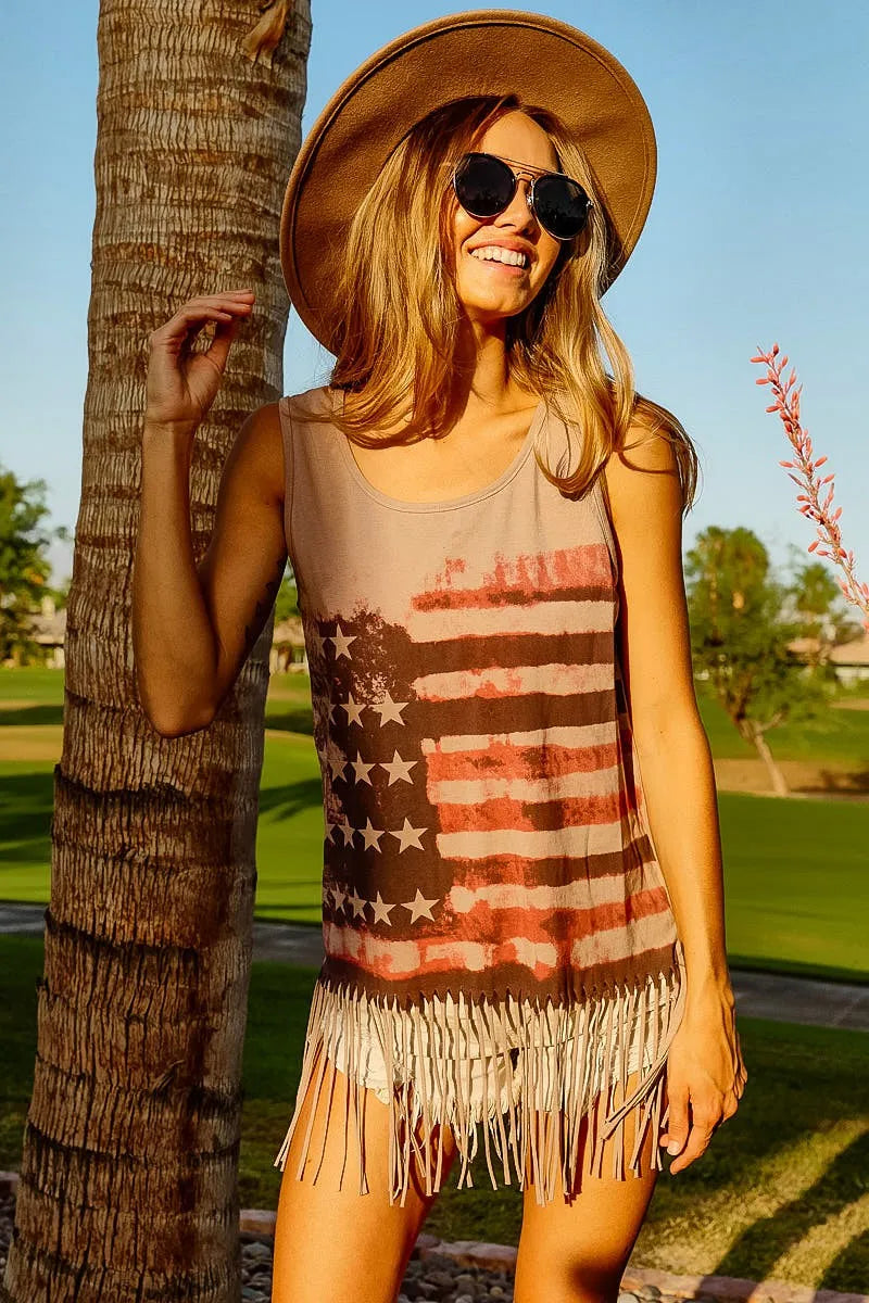 BiBi American Flag Print Knit Sleeveless Top Tank Tops
