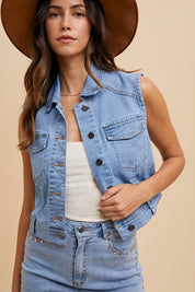 Annie Wear Collared Neck Button Down Denim Vest Tops