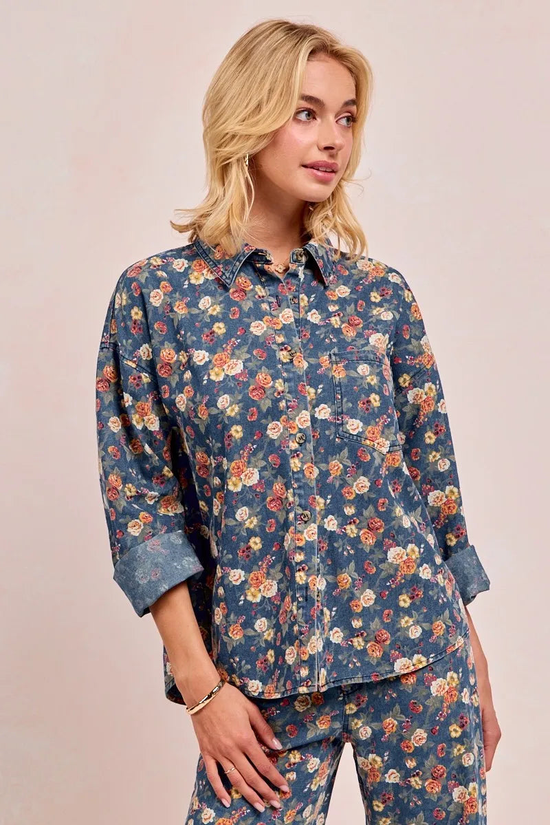 BiBi Washed Floral Print Denim Jacket Shackets