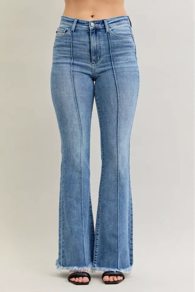 MD Judy Blue High Waist Flare Fray Hem Jeans with Front Pintuck Detail | Daverri Fashions