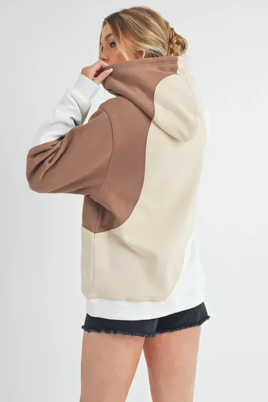 Aemi + Co Color Block Hoodie with Kangaroo Pocket - DAVERRI FASHIONS