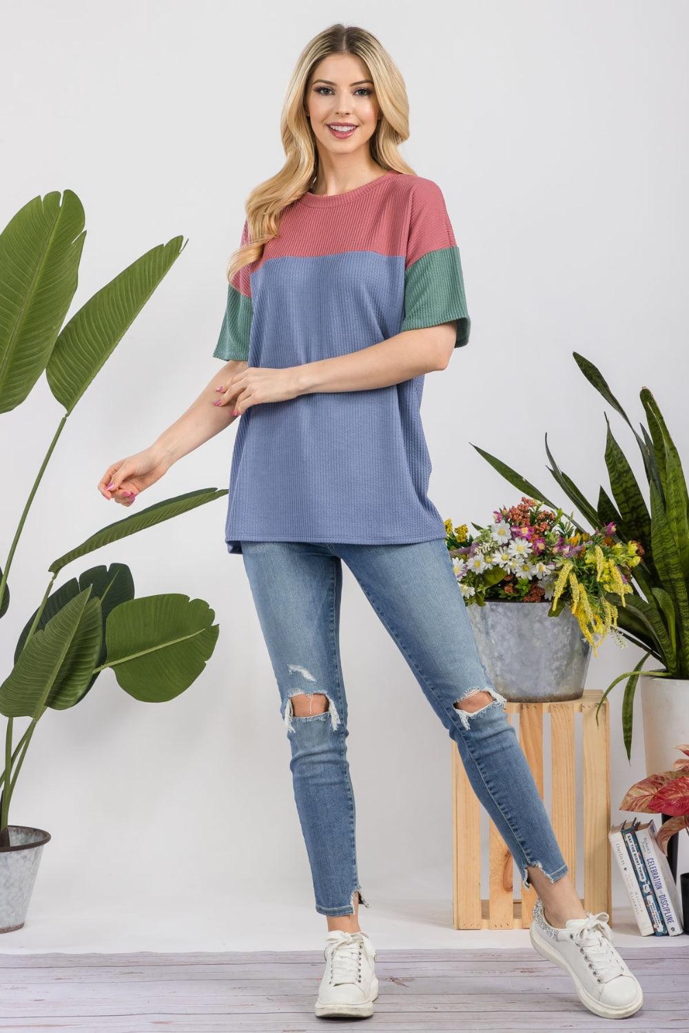 Celeste Full Size Ribbed Color Block T-Shirt Shirts & Tops