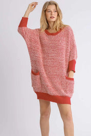 Scarlet Umgee Full Size Ribbed Hem Round Neck 3/4 Sleeve Sweater Dress with Pockets Plus Size | Daverri Fashions