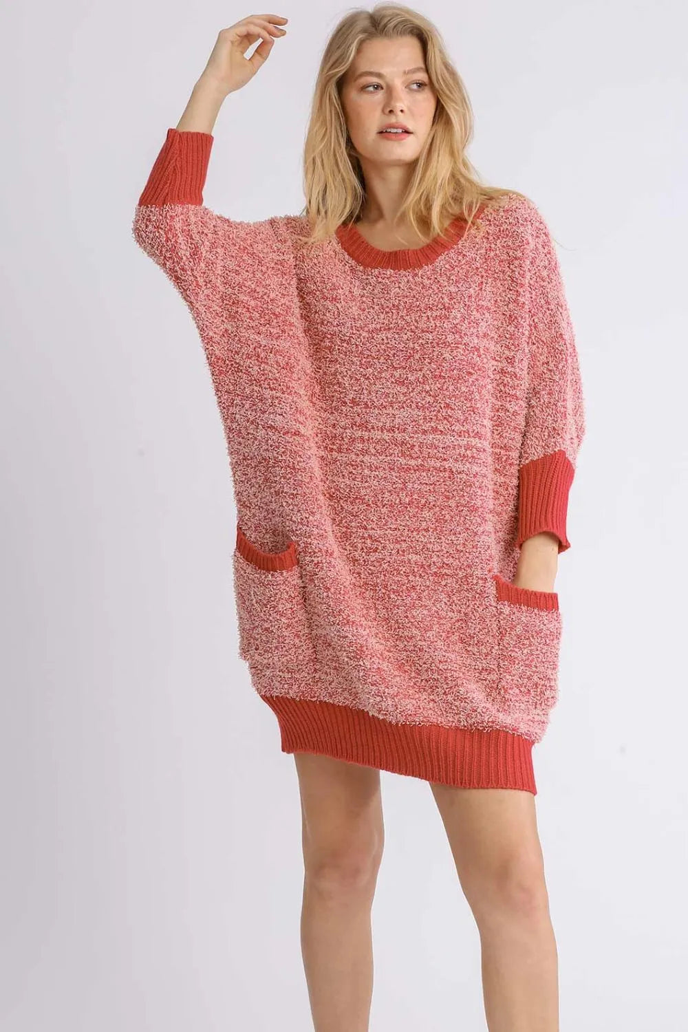 Scarlet Umgee Full Size Ribbed Hem Round Neck 3/4 Sleeve Sweater Dress with Pockets Plus Size | Daverri Fashions