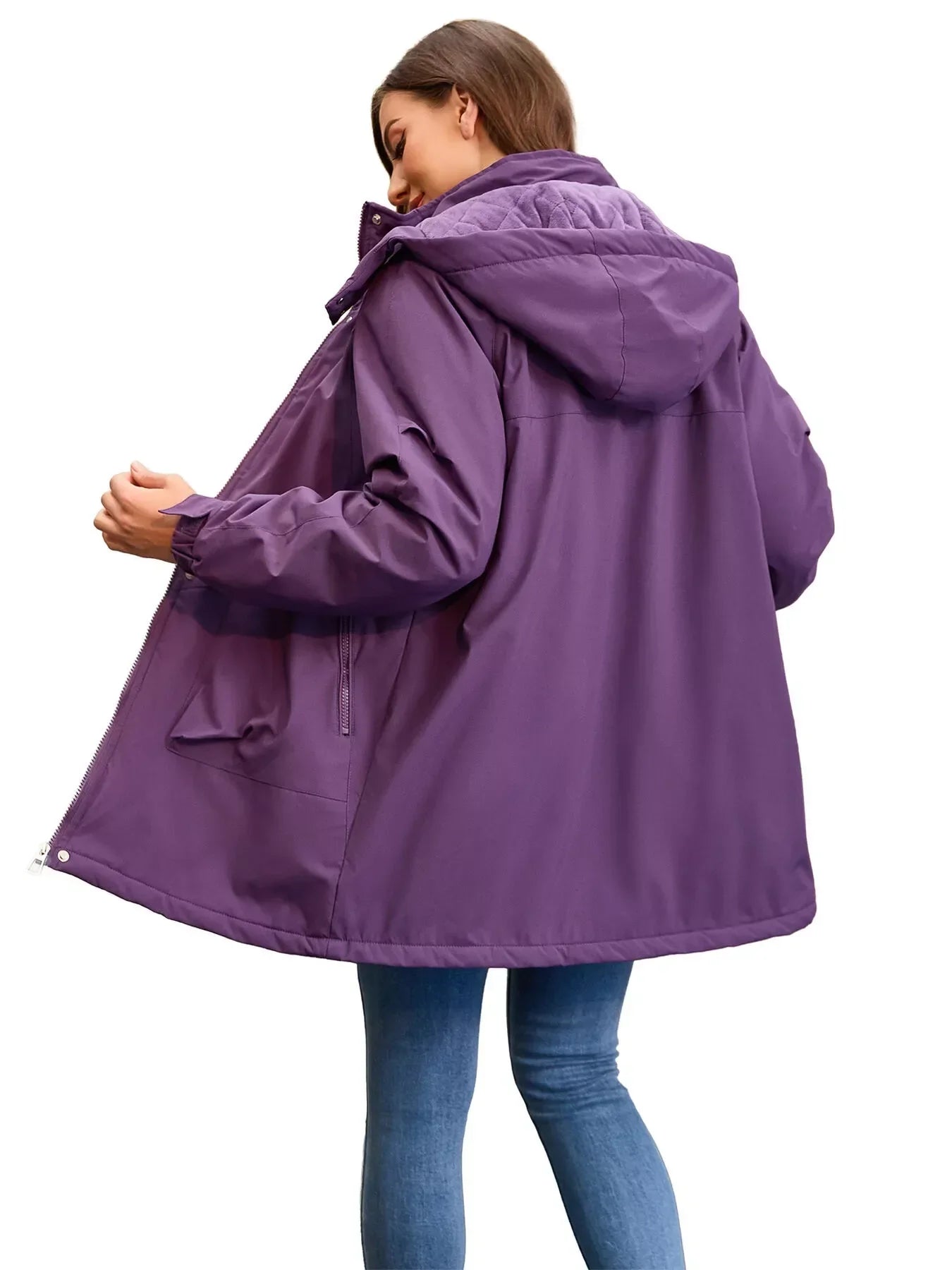 Purple Daverri Fashions hooded mid-length windproof coat plus size