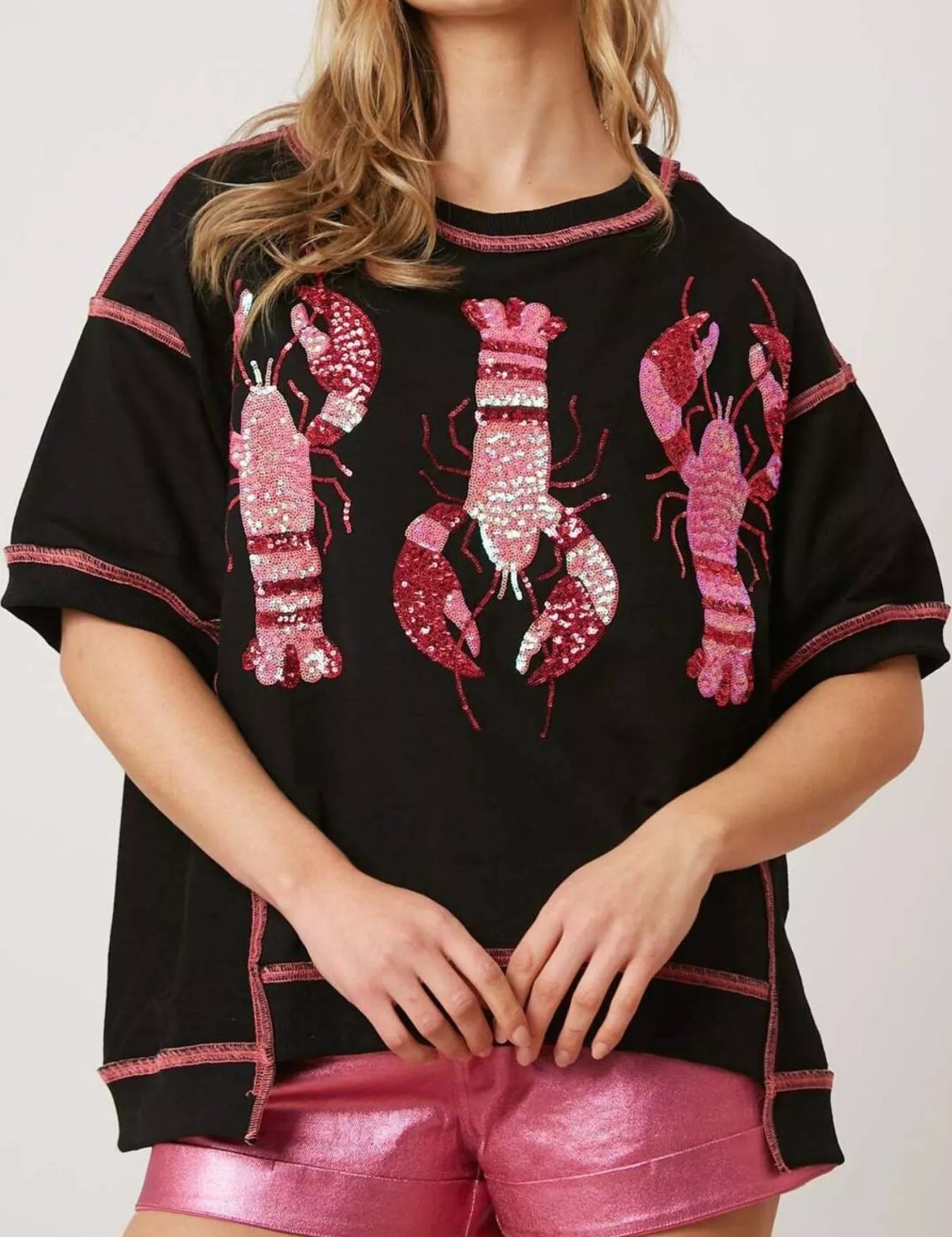 Black Sequin Lobster Half Sleeve T-Shirt | T-Shirts Daverri Fashions