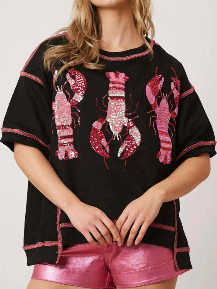 Black Sequin Lobster Half Sleeve T-Shirt | T-Shirts Daverri Fashions