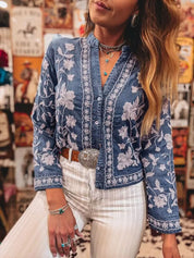 Medium Floral Embroidered Button Up Denim Shirt | Shirts Daverri Fashions