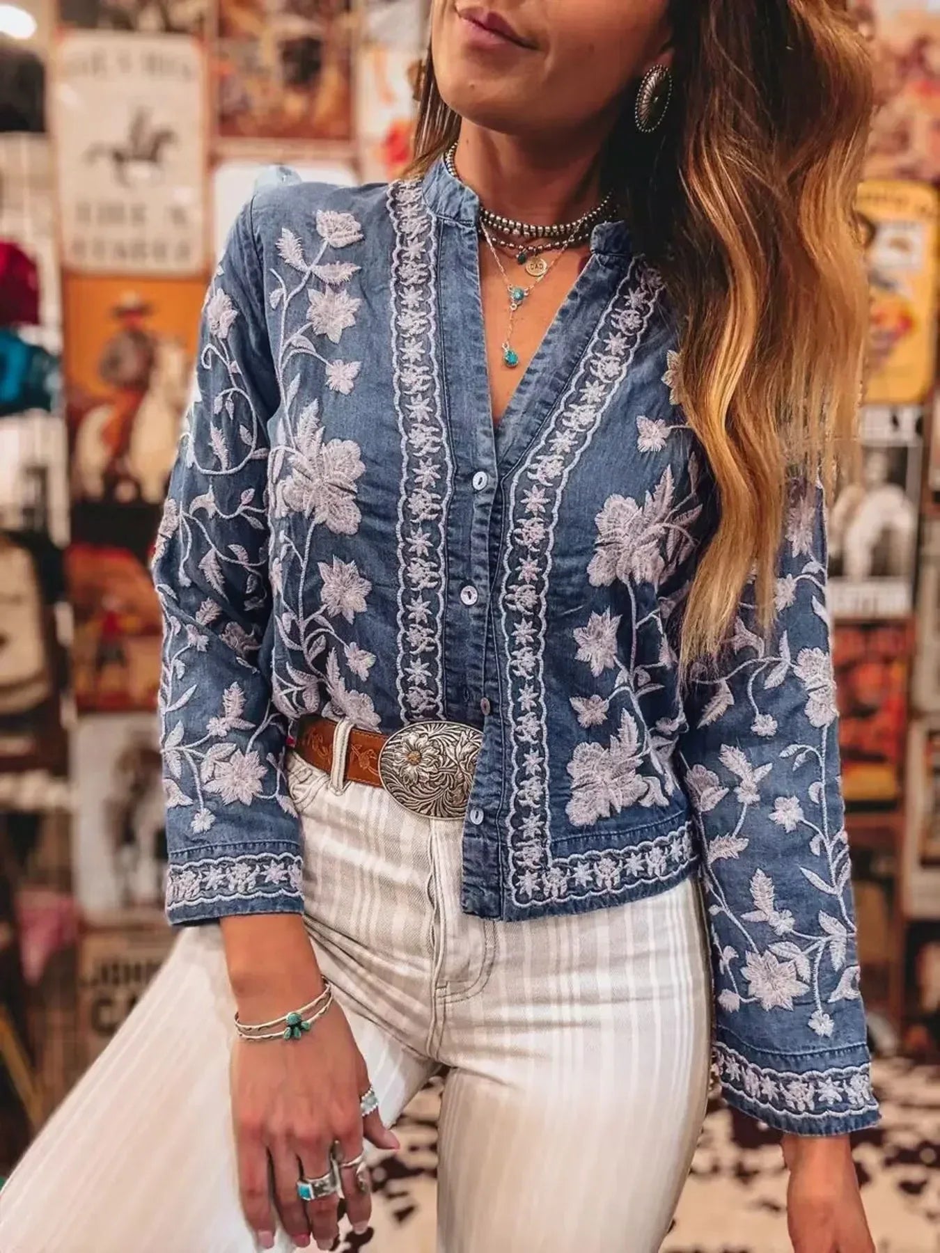 Floral Embroidered Button Up Denim Shirt - DAVERRI FASHIONS