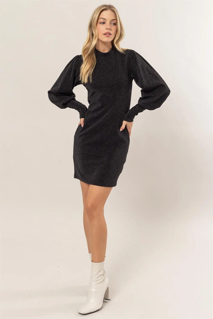 HYFVE Glitter Mock Neck Long Sleeve Mini Dress Mini Dresses