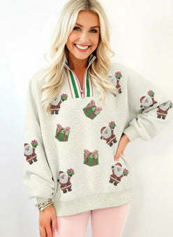 Christmas Striped Patchwork Zip Neck Sequin Santa Gift Sweatshirt - DAVERRI FASHIONS