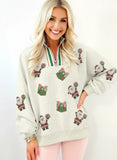 Christmas Striped Patchwork Zip Neck Sequin Santa Gift Sweatshirt - DAVERRI FASHIONS