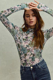 SO ME floral print mesh knit long-sleeve bodysuit with high neckline