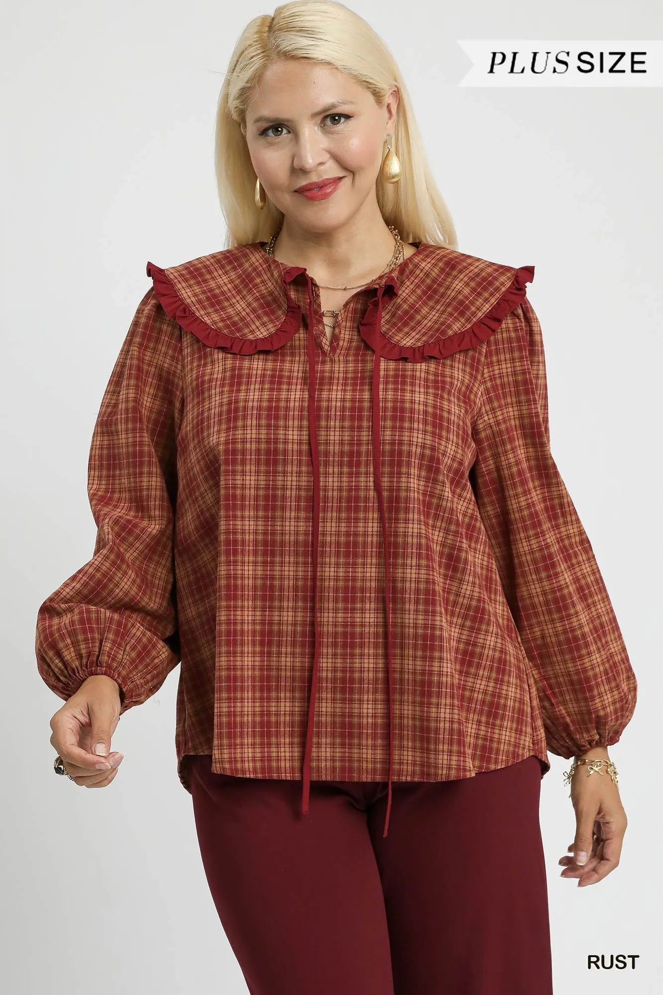 Umgee Full Size Plaid Ruffle Collar Blouse Plus Size | Blouses Daverri Fashions