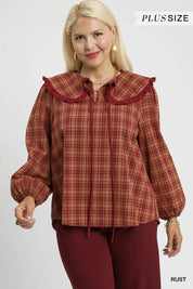 Umgee Full Size Plaid Ruffle Collar Blouse Plus Size | Blouses Daverri Fashions