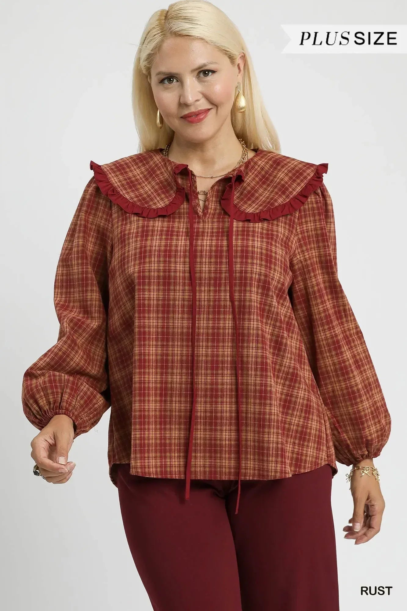 Umgee Full Size Plaid Ruffle Collar Blouse Plus Size - DAVERRI FASHIONS