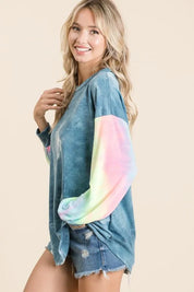Rainbow tie-dye BiBi French terry long-sleeve top with distressed denim shorts